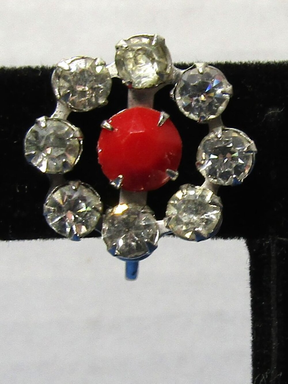 Vintage Estate Clear Rhinestone Flower Red Center Screw Back Earrings